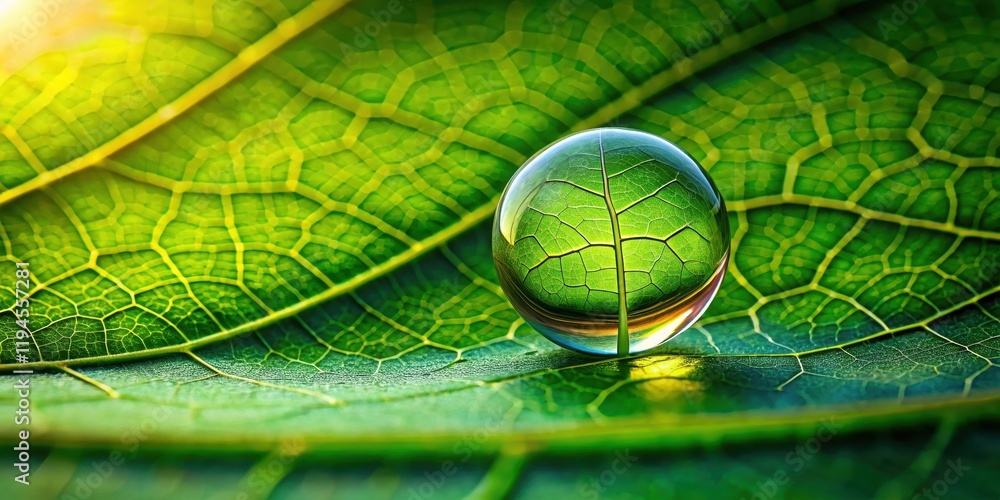 Canvas Prints a single water drop suspended on a large leaf's edge, reflecting the vibrant hues of the surrounding
