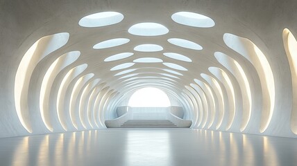 Futuristic tunnel architecture, light, interior design,  modern hallway, exhibition space
