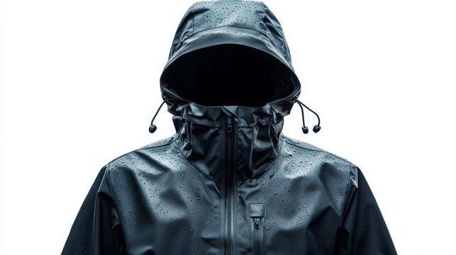 a black waterproof rain jacket with a hood - isolated on white background