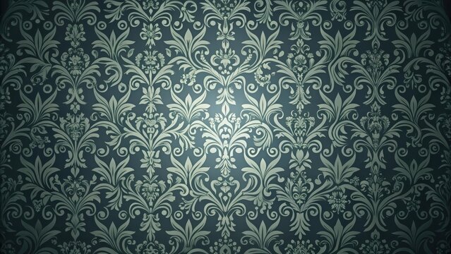 Fototapeta Dark, mysterious tones with intricate, curved lines and faded floral motifs in a classic flock wallpaper design , mystery
