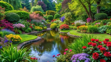 Fototapeta premium A tranquil garden oasis with vibrant flowers and lush greenery stretching towards the sky, creating a sense of peacefulness and serenity , tranquility, botanical garden