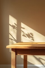 a blank oak table with the shadow from a window