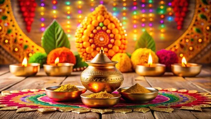 Fototapeta premium Golden Kalash with Diya on a wooden altar surrounded by diyas of different sizes and colorful rangoli designs