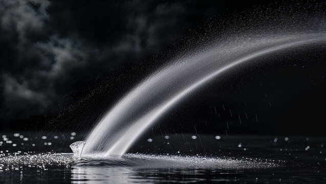 Water jet creating a parabola in a dark and moody atmosphere