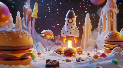 Obraz premium Space food game level map. Vector ui play design with rocket in funny universe with alien planets with pizza, chocolate candy, burger and bread texture