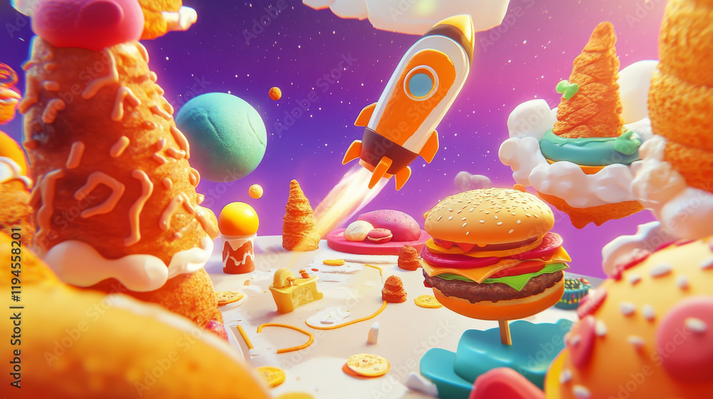 Aufkleber space food game level map. vector ui play design with rocket in funny universe with alien planets wi