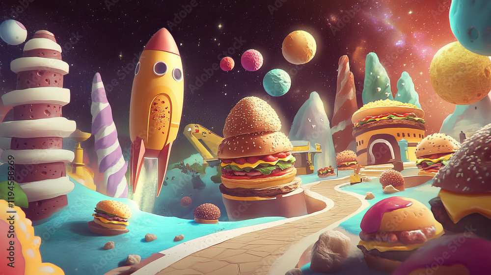 Poster space food game level map. vector ui play design with rocket in funny universe with alien planets wi