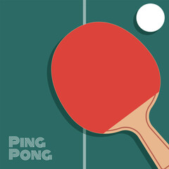 Ping pong poster design template. Tennis Table, ping pong racket and ball. Modern background table for tennis tournament, club championship, ads, sport section. Copy space. Vector.