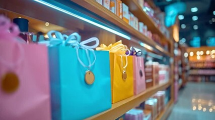 Brightly colored gift bags are neatly arranged on shelves in a contemporary shopping store. Customers browse the vibrant aisles, enjoying a delightful shopping experience filled with options.