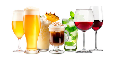 Set and collection of classic alcohol cocktails, beer and mocktail isolated on white background with fresh summer fruits