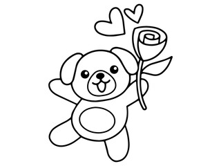 Valentine Day Dog Holding Rose Outline