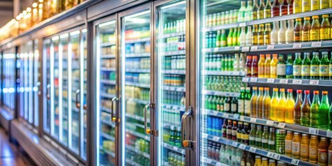 Blurred background of supermarket fridge with bottles of beverages on shelves and glass showcase , packaged products , transparent shelf