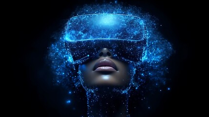 Woman immersed in virtual reality, glowing blue particles.