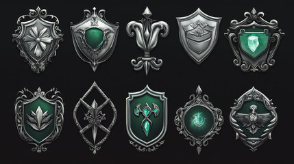 Fototapeta premium Silver award badges with fantasy frames and green decorative elements.Vector cartoon icons set of game labels different shapes, metal emblems with borders in medieval style