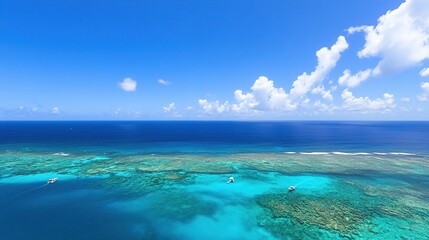 Fototapeta premium Aerial view of vibrant turquoise ocean reef and blue sky.