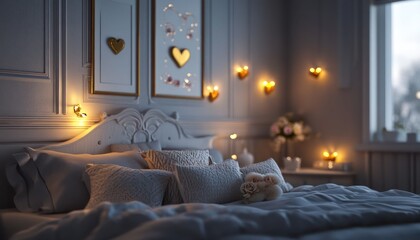 Elegant bedroom with soft grey tones delicate heart-themed decor and golden lights to set a romantic mood