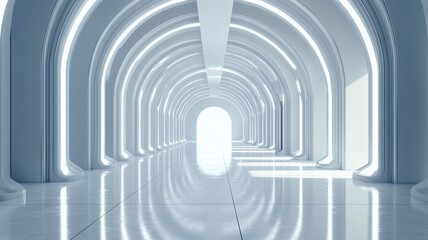 Fototapeta premium Futuristic corridor, bright light, vanishing point, archway, reflection