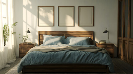 Bedroom with natural light, simple decor, and framed art on the walls.