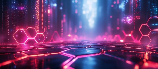 Obraz premium Neon Cityscape: Futuristic Hexagon Pathway