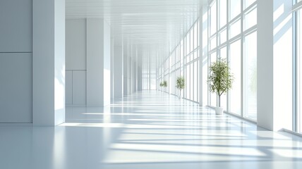 Sunlit modern hallway, office space, plants