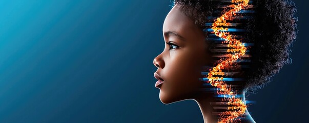 A profile of a child with a DNA strand visualization, symbolizing genetics, identity, and potential.