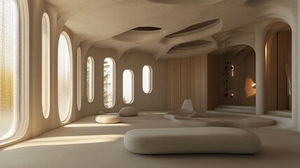 Sunlit organic spa interior design, forest view