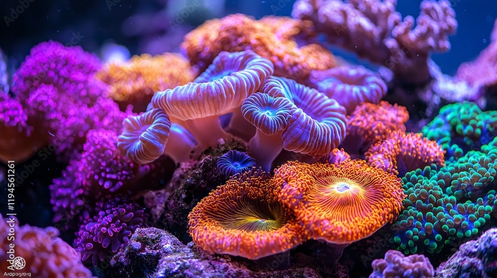 Poster exploring the depths of a magnificent reef, vibrant corals showcase a spectrum of colors, creating a