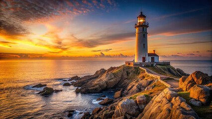 Naklejka premium Towering structure stands alone on rocky coastline at dusk with a warm golden glow emanating from the top of the lighthouse , oceanic views, isolated spot