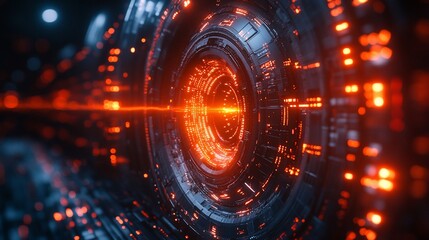 Obraz premium Futuristic Sci-Fi Portal: Glowing Orange and Dark Metal Technology