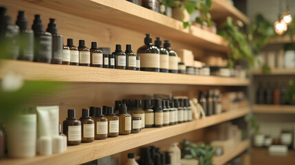 Obraz premium A luxurious spa interior with handmade organic beauty products like scrubs, oils, and lotions, arranged on wooden shelves, creating a serene and natural ambiance.