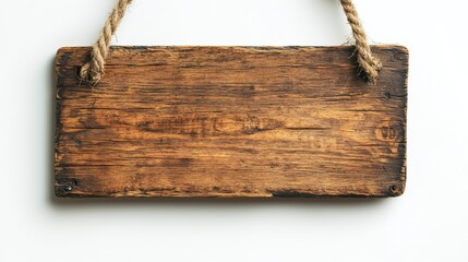 a blank wooden sign hanging on ropes - isolated on a white background