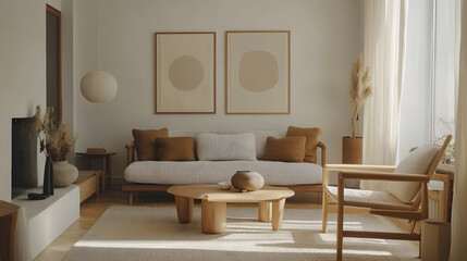 A cozy living room with soft furnishings and natural light.