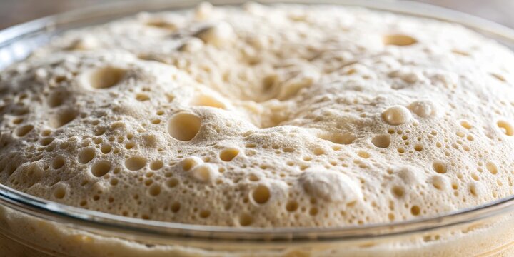 A close-up shot of a bubbly sourdough bread dough starter with visible yeast fermentation activity and a slightly foamy texture