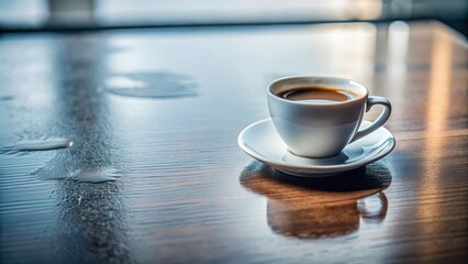 Fototapeta premium A macro shot of a coffee cup on a minimalist desk, with only a small puddle of water on the table , close-up, unique perspective on everyday objects