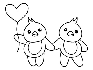 Valentines Day Chicks Holding Balloon Line Art