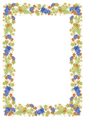 Watercolor vertical frame with grapes. Illustration of grapevine, green blue berries and leaves. Frame for white wine, jam, juice label. Clipart for wine, cafe, restaurant.