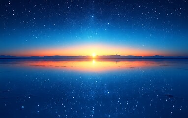 Calm sunset over a still lake reflecting a starry sky.