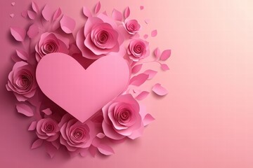Happy Valentine's Day background with paper-cut heart and rose flowers on a pink pastel color background. Love concept for a Happy Valentine's Day banner template design.