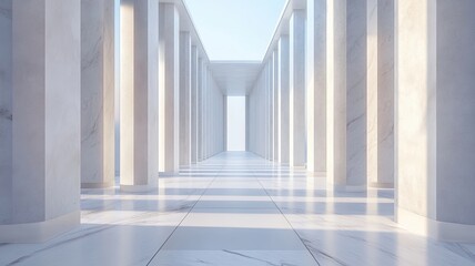 Fototapeta premium Marble columns, bright hallway, sunlit, serene, backdrop