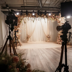 The interior of a romantically decorated photo studio with photos and lighting equipment for holidays and significant dates, weddings, anniversaries, family holidays. Illustration for advertising phot