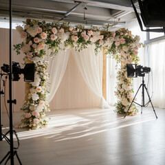 The interior of a romantically decorated photo studio with photos and lighting equipment for holidays and significant dates, weddings, anniversaries, family holidays. Illustration for advertising phot