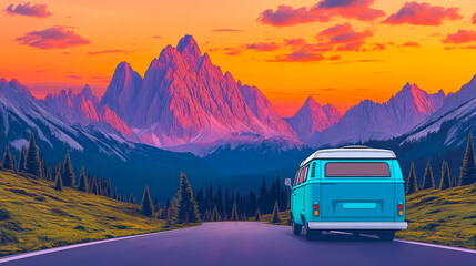 Camping road trip adventure with a vintage van against stunning mountain peaks during a vibrant sunset