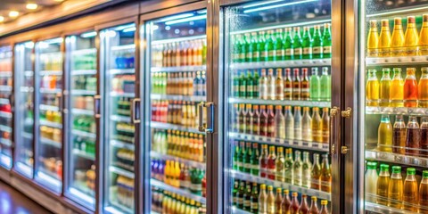 A blurred background of a supermarket fridge with bottles of beverages arranged on shelves, creating a visually appealing display in a glass showcase , consumer goods, food retail