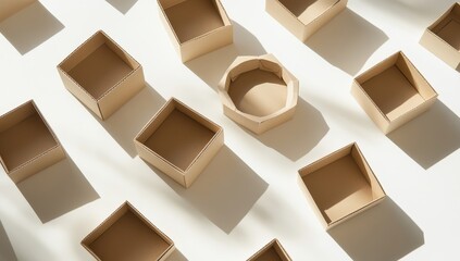 Empty cardboard boxes in various shapes and sizes arranged on white background with shadows.