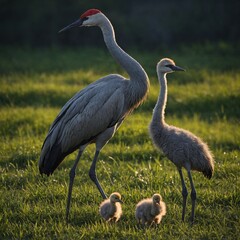 Obraz premium A mother crane with her chick by her side.
