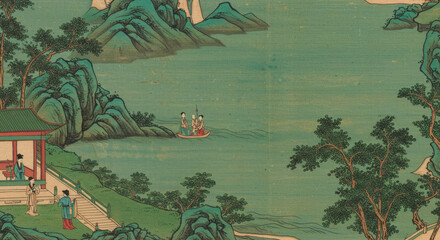 Serene Asian Landscape Painting Boats People Mountains Green Water
