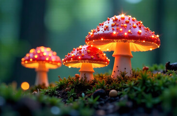Glowing magic mushrooms close-up in a beautiful fairy forest. Fantasy.