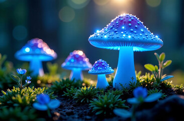 Fototapeta premium Glowing magic mushrooms close-up in a beautiful fairy forest. Fantasy.