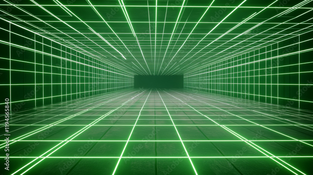 Poster 3d green matrix line wire grid space background. perspective futuristic wireframe room with mesh dim