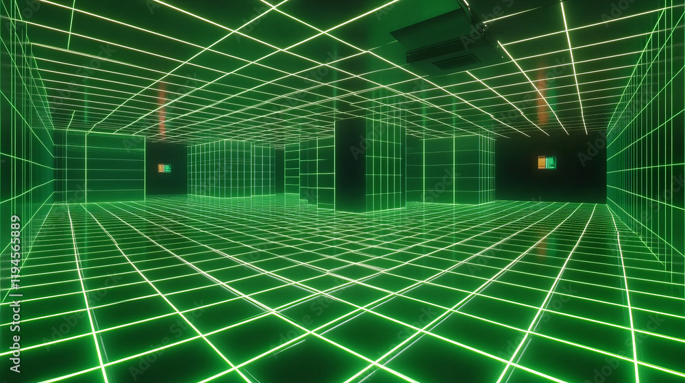 Poster 3d green matrix line wire grid space background. perspective futuristic wireframe room with mesh dim